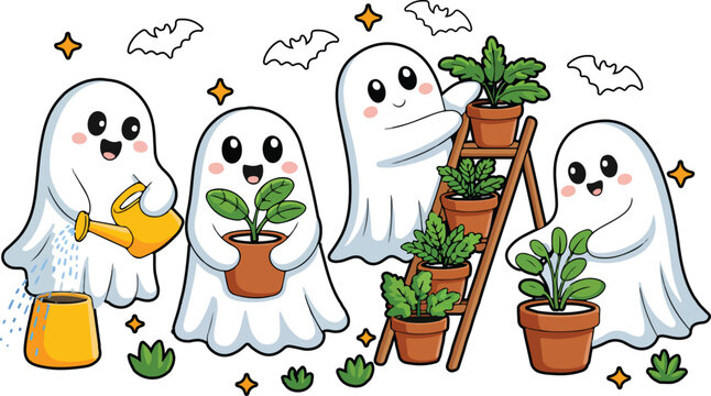 Cute Ghost Gardeners Halloween Plant Clipart