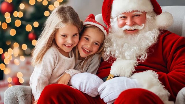 Joyful christmas celebration with santa claus and smiling children by a festive tree