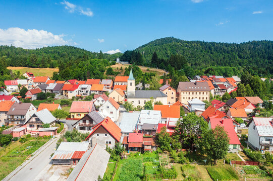 Aerial view of summer countryside landscape, town of Lokve in Gorski kotar, Croatia