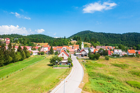Aerial view of summer countryside landscape, town of Lokve in Gorski kotar, Croatia