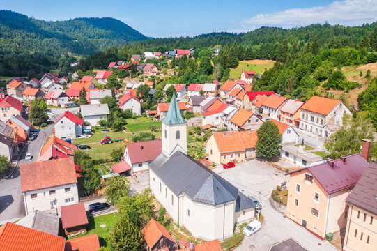Aerial view of summer countryside landscape, town of Lokve in Gorski kotar, Croatia