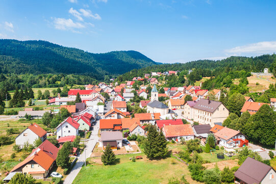 Aerial view of summer countryside landscape, town of Lokve in Gorski kotar, Croatia