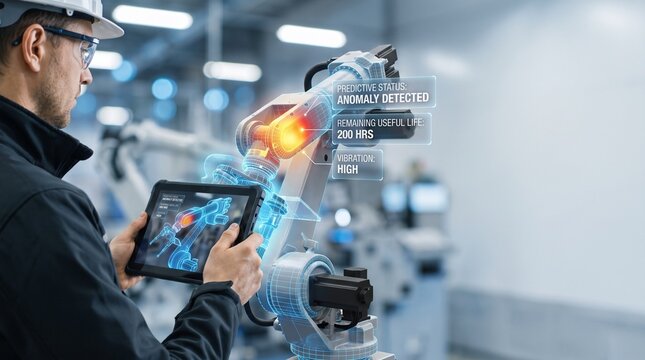 Expert Engineer Using AR Tablet for High-Precision Digital Twin Inspection of Robotic Arm with Complex Diagnostic UI Data and Predictive Maintenance Analytic