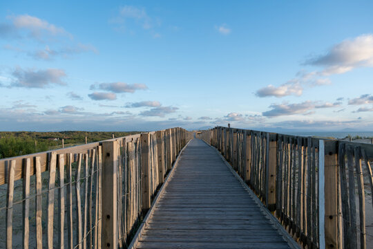 Wooden boardwalk path through coastal dunes toward Labenne-Oc&eacute;an in the Landes, France, with the Pyrenees mountains visible in the distant horizon. Clear blue sky.
