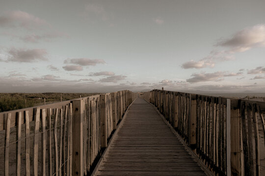 Wooden boardwalk path through coastal dunes toward Labenne-Oc&eacute;an in the Landes, France, with the Pyrenees mountains visible in the distant horizon. Vintage sepia toning.