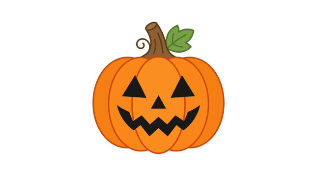 Jack-o'-lantern illustration featuring a classic carved face with triangular eyes and a jagged smile, rendered in vibrant orange with a green leaf and brown stem on a white background.