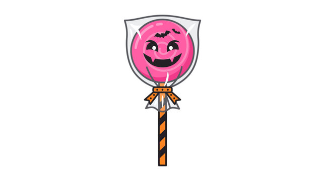 Vibrant pink lollipop illustration featuring a carved pumpkin face with vampire fangs, individually wrapped in clear plastic and tied with an orange and black striped ribbon, set on a matching.