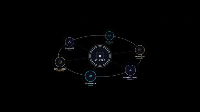 artificial intelligence companies free credits ai core central hub nodes diagram for data analytics software. Suitable for tech presentations, ai concept designs and data workflows.