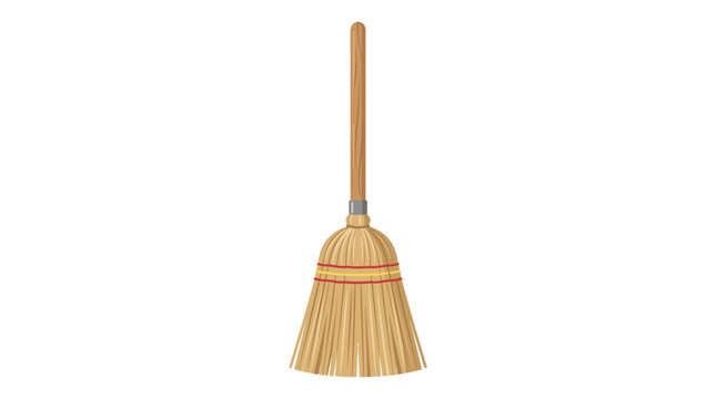 Traditional straw broom illustration features a sturdy wooden handle and tightly bound natural bristles with red and yellow accents, presented simply against a clean white background, symbolizing.