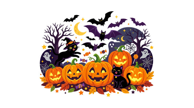 Vibrant Halloween scene featuring carved pumpkins with grinning faces, a black cat, flying bats, ghosts, and spooky trees under a crescent moon.