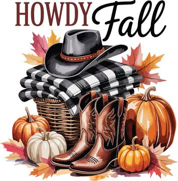 : Howdy Fall Western Boots Pumpkin Watercolor Clipart
