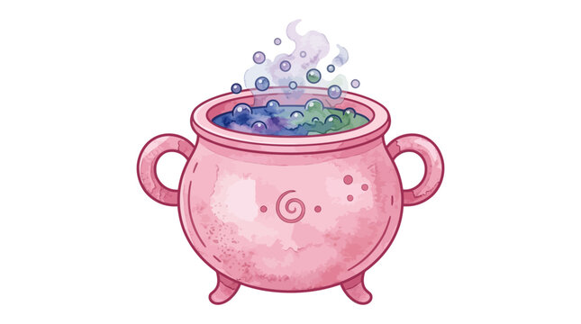 Cauldron filled with bubbling liquid, featuring a pink textured pot, purple and green brew, and mystical smoke, on a crisp white background.