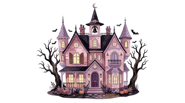 Haunted house illustration features a whimsical pink and purple mansion with glowing windows, surrounded by spooky bare trees and flying bats, evoking a charming yet eerie Halloween atmosphere.