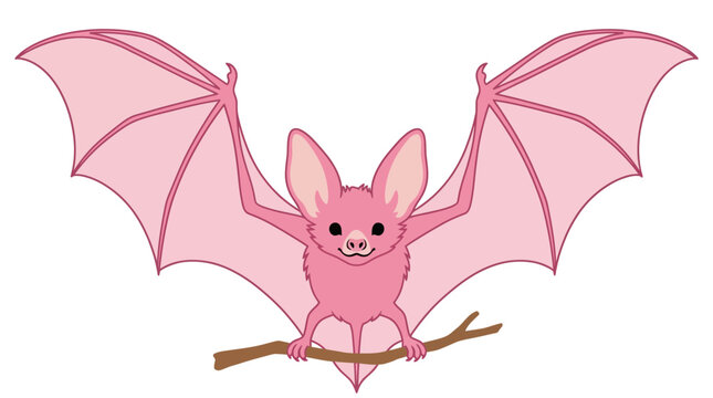 A charming cartoon bat, rendered in a cheerful pink hue with large ears and wide-spread wings, perches playfully on a simple brown branch, presented on a clean white background.