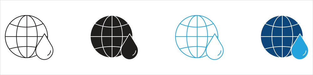 Obraz premium Globe with Water Drop Icon Set, Representing Water Conservation, Environmental Sustainability, Global Resources, Eco Protection, Vector Illustration