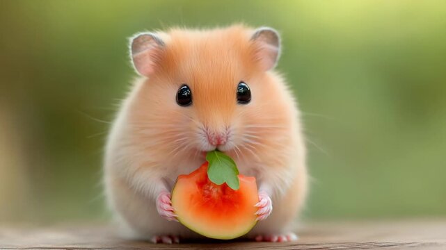 Cute hamster holding watermelon slice in adorable close-up portrait