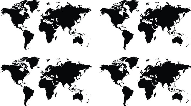Set of world map black silhouette icons earth geography global continent set isolated on white background vector illustration.