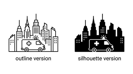 Naklejka premium Ambulance in City Skyline: An ambulance is depicted on the left in an outline style and on the right in silhouette, set against a backdrop of a city skyline.