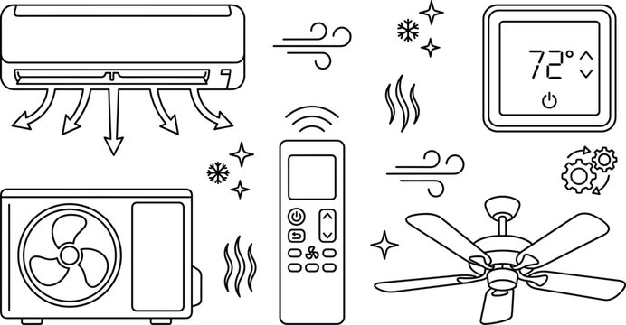 Air conditioning and climate control system vector icons featuring split AC unit, outdoor compressor, smart digital thermostat, remote control, and ceiling fan