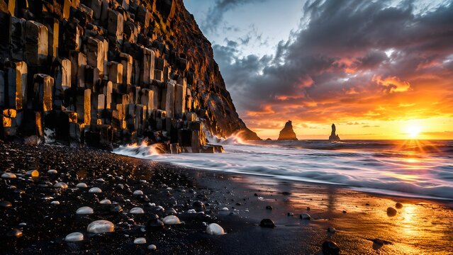 Dramatic landscape photo of hexagonal basalt column cliffs and sea stacks on a black sand beach at sunset. Ideal for Iceland travel brochures, geology articles, and nature photo prints.