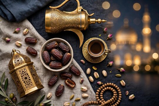 Luxury Ramadan Flat Lay with Dates, Arabic Coffee and Golden Lantern