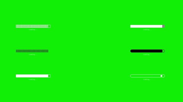 Collection of animated loading progress bars for digital interfaces a set of various with text placeholders animating on a green screen for software UI and web development
