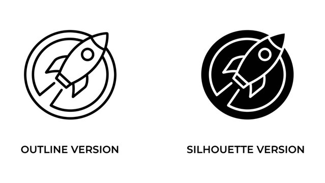 Rocket Launch Icons: Two minimalist icons representing a rocket launch, one in outline style and the other as a silhouette, symbolizing speed, innovation, and exploration.