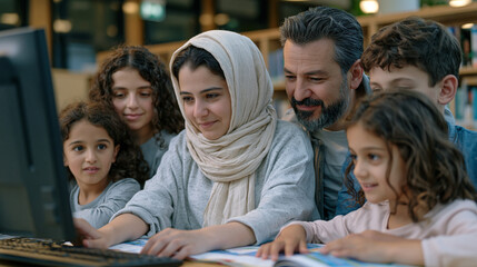 Fototapeta premium A Syrian family gathers at a public library computer station for an English as a Second Language registration session, children spreading workbooks across the table while a librarian demonstrates ho