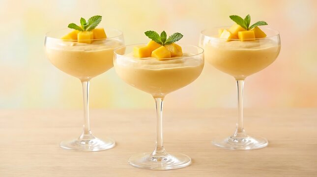 A trio of elegant glasses filled with creamy mango mousse recipe, served as a refreshing tropical dessert topped with fresh mango cubes and mint sprigs