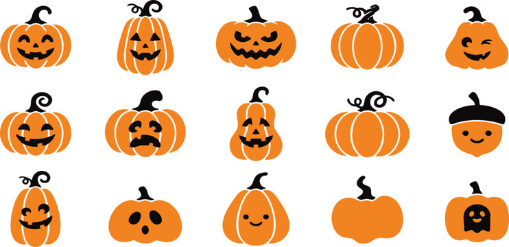 Set of cute cartoon halloween pumpkins with various funny faces and expressions on a white background