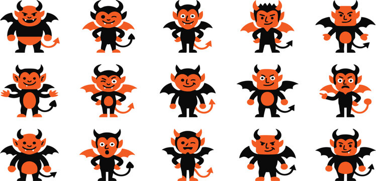 Set of cute cartoon devil characters with various expressions and poses for halloween design projects