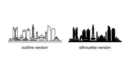 Obraz premium City Skyline: A graphic representation of a city skyline, showcasing both an outline and a silhouette version of modern and traditional architectural styles.