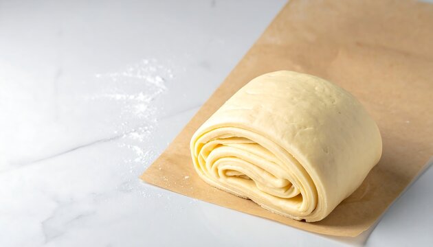 Fresh Homemade Raw Puff Pastry Dough Roll on Brown Baking Paper over White Marble Surface