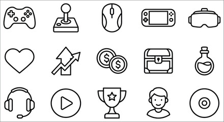 Collection Of Line Icons Featuring Gaming Controllers Hearts And Financial Symbols On White arrow audio © Vactor media 