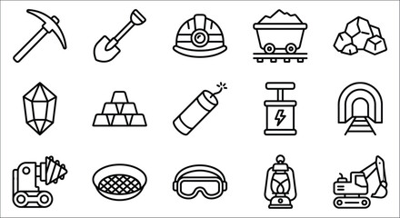 Mining Equipment Line Icons Set On White Background Depicting Tools And Minerals pickaxe shovel helmet © Vactor media 
