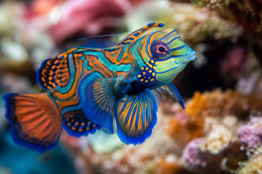 Mandarinfish with vivid orange blue and green swirling pattern