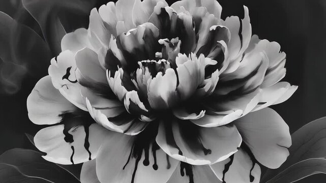 墨絵の牡丹が咲く豪華な白黒動画