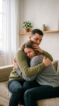 Hombre consolando con un abrazo c&aacute;lido a su pareja en un momento de vulnerabilidad, reflejando apoyo mutuo y comprensi&oacute;n.