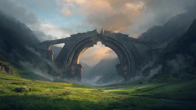 Ancient Ruined Stone Archway Structure Shrouded in Dramatic Misty Mountains at Sunrise