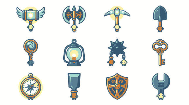 Adventure gear and fantasy quest icon collection.