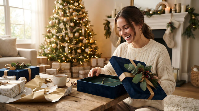 Woman opening jewelry gift box on wooden table near christmas tree.
