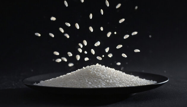 Rice Grains Bursting Upward from Bowl in Antigravity Motion Against Black Background, Surreal Food Concept