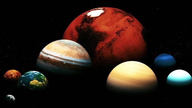 Several colorful planets floating in dark space on a black background, including a large red planet and smaller gas giants