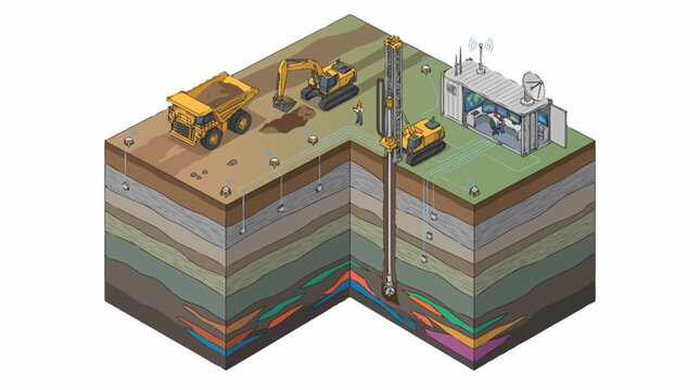 Isometric illustration of oil drilling and extraction process.