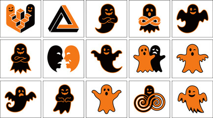 Naklejka premium Set of cute black and orange ghost icons for halloween party decorations and festive spooky graphic design projects