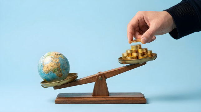 A person balancing a world globe and a stack of gold coins on a wooden balance scale