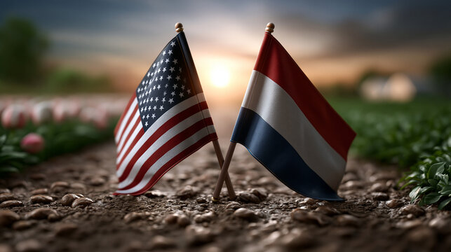American and dutch flags proudly shown side by side against a beautiful sunset landscape