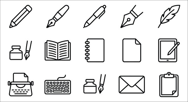Writing implements and stationery icons black line art on a white background pen pencil inkwell