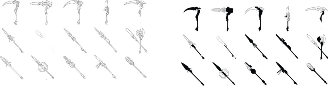 Set of fantasy medieval polearms spears and scythes vector illustrations for game design