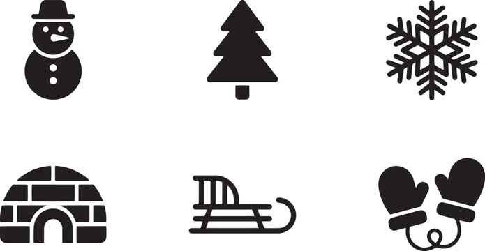 Winter holiday icon set with snowman tree snowflake igloo sled and mittens minimalist style black silhouette for seasonal graphic design isolated on transparent background